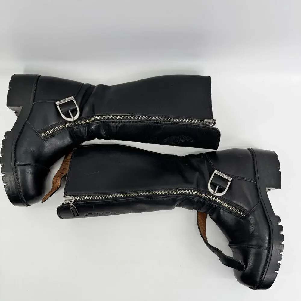 Vintage Harley-Davidson Tall Boots Women 6 Black Riding Eagle Logo Leather - Picture 3 of 16